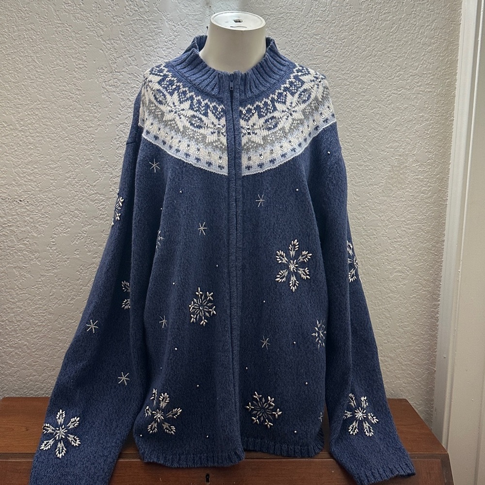 Vintage Embellished Snowflake Fair Isle zip up Sweater